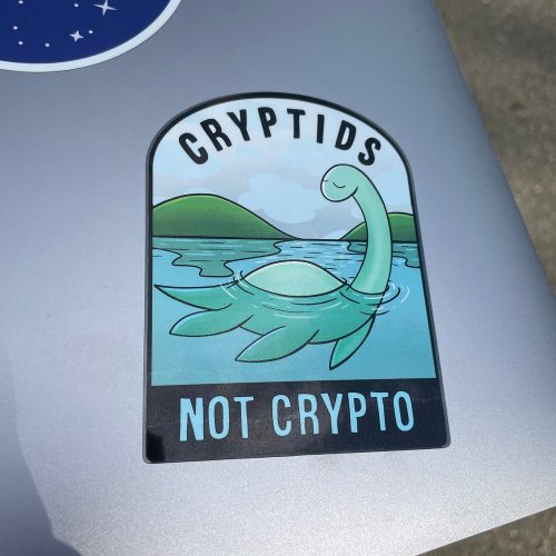 CryptidsNotCryptoSticker onlaptop1500x1500