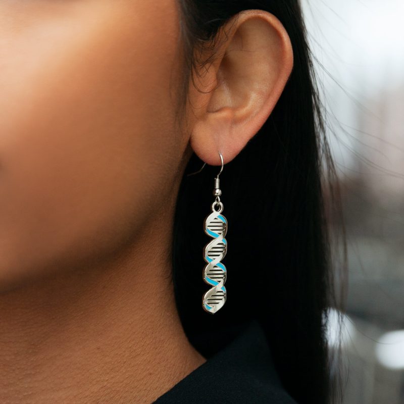 Rosalind Franklin DNA Earrings on model cropped