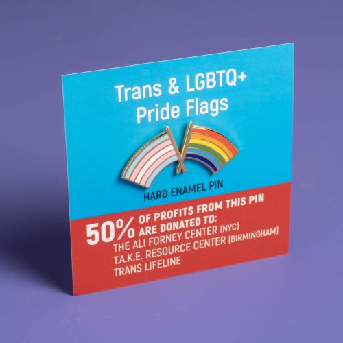 Trans and LGBTQ Pride Flag pins on card